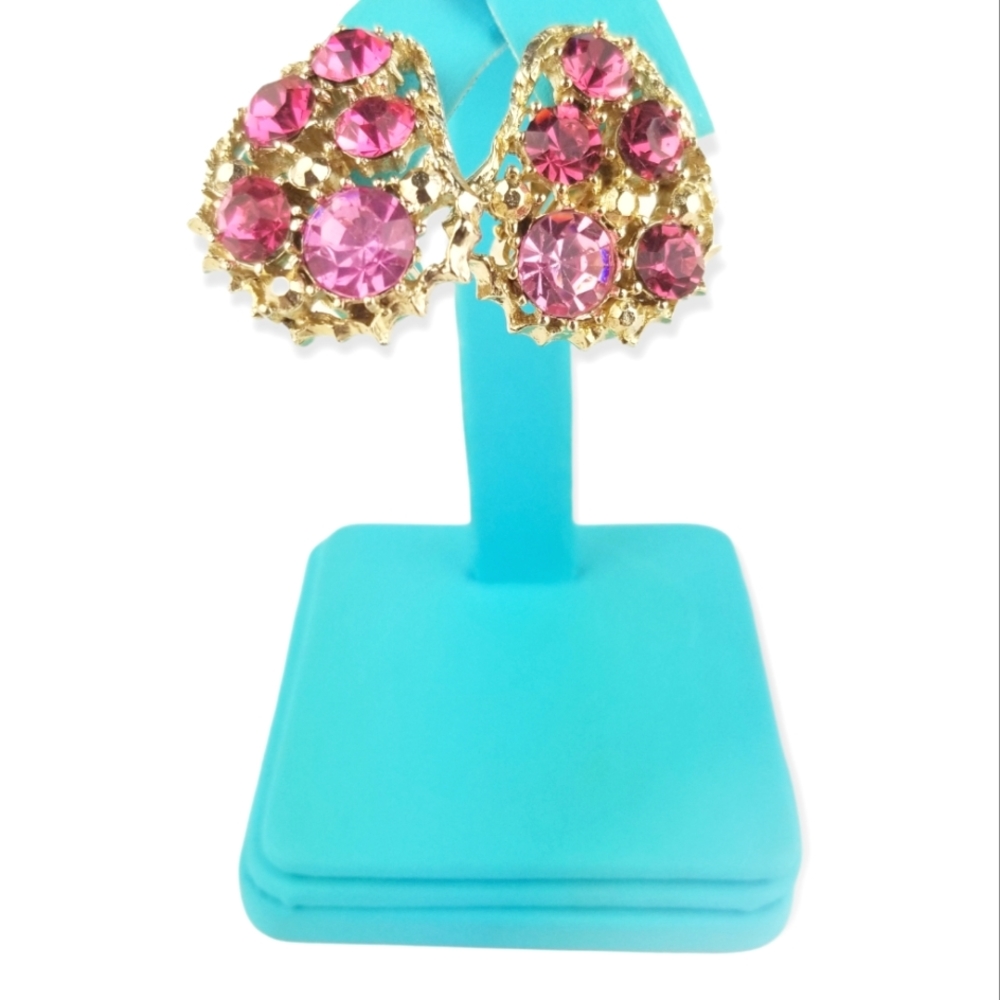 Vintage Weiss Pink Rhinestone Clip Earrings EVC